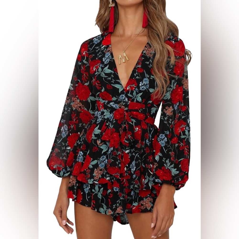 Floral Black and Red Women's Romper